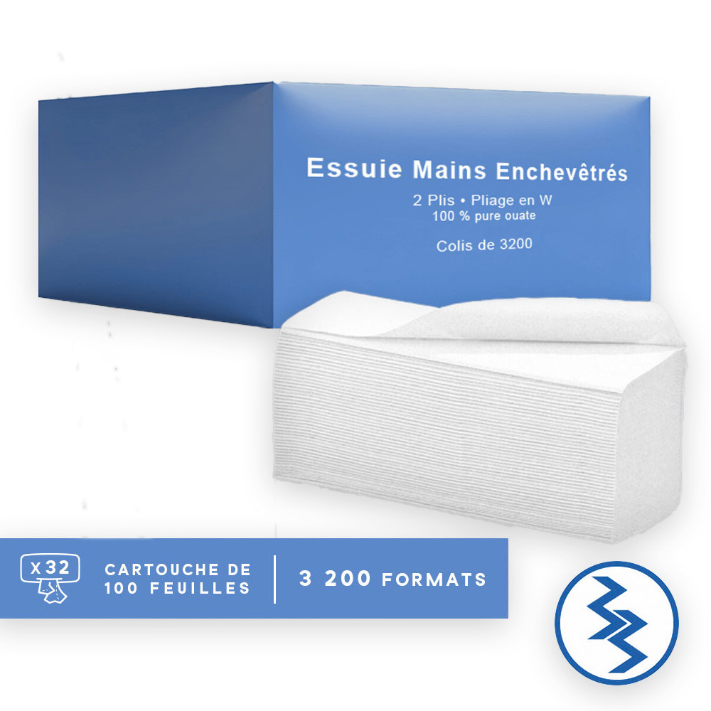 Essuie-mains pliés en W blancs 34 x 22 cm (3200)