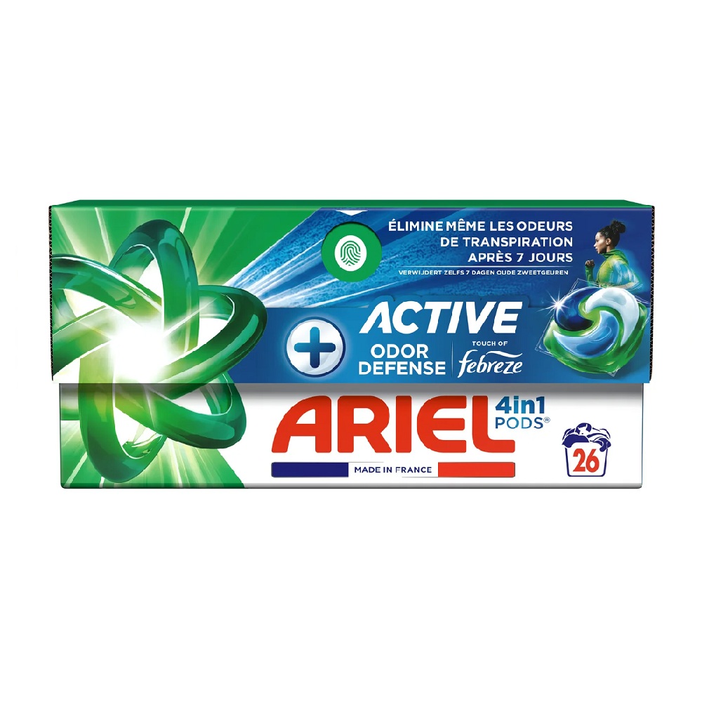 Lessive Ariel Pods+ active odor avec Fébrèze (26 doses)